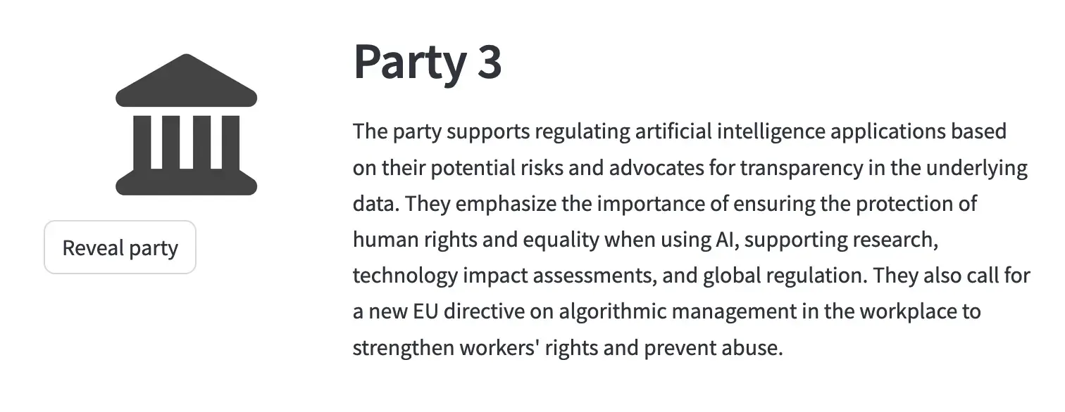 A screenshot of the Electify app, showing a summary of a party&#x27;s position without the party being named. There is a "Reveal" button to show the name and logo.