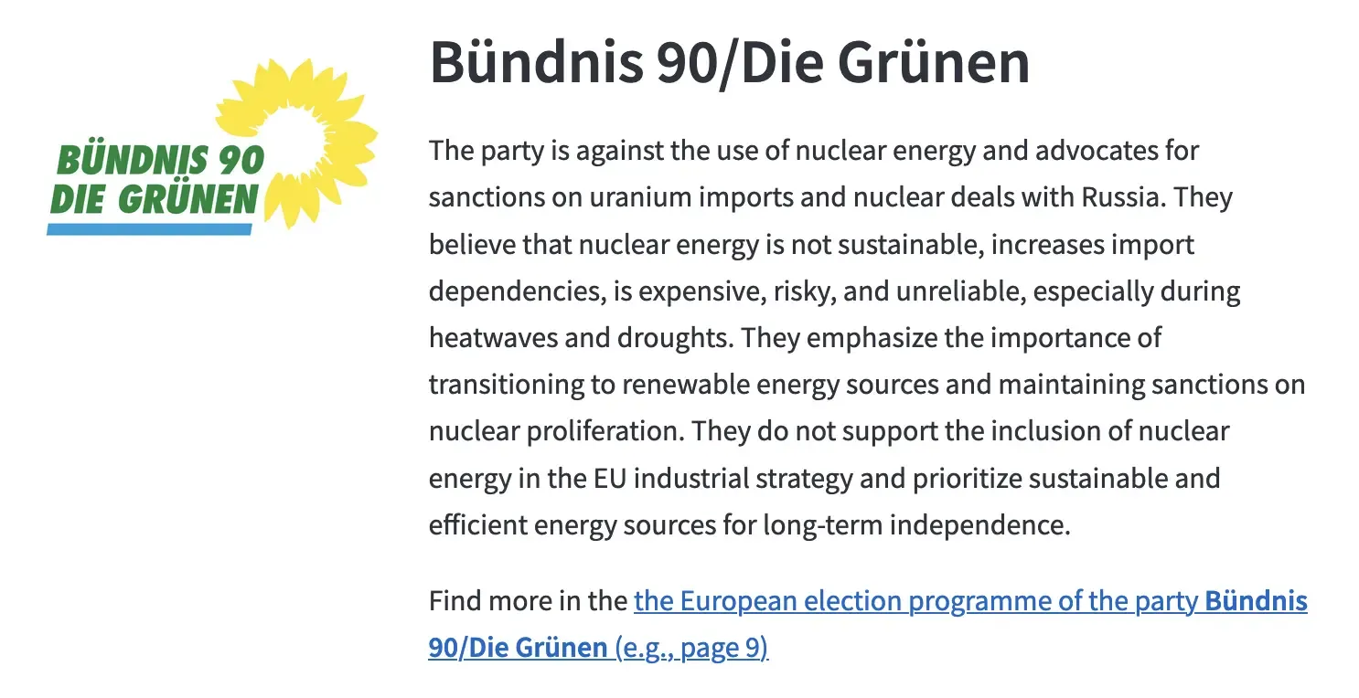 A screenshot of the Electify app, showing a summary of a party&#x27;s position about nuclear power and a link to the relevant page in the party manifesto.